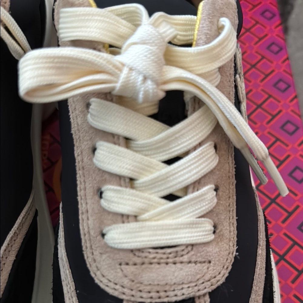 Tory Burch Good Luck Trainer Black and Natural Suede Women's Sneakers - Picture 7 of 9